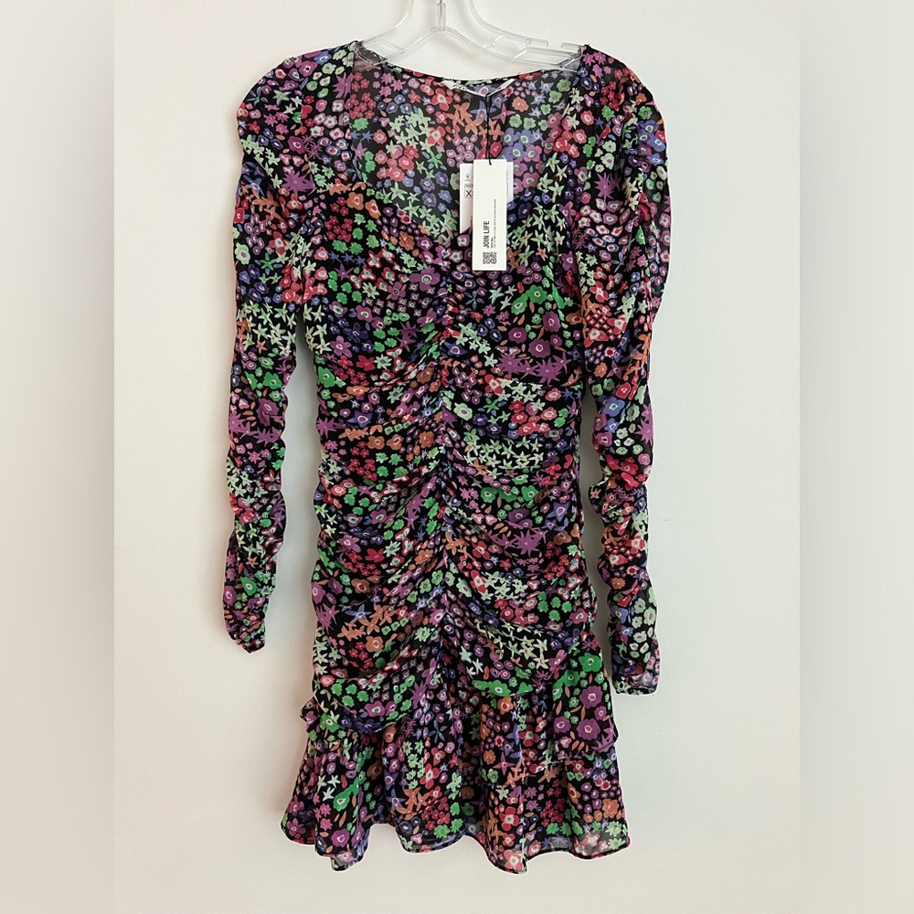 Zara multicolor floral print ruched dress